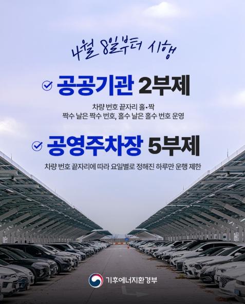 기후에너지환경부, 4월 8일부터, 공공기관 2부제·공영주차장 5부제 시행 기사 이미지